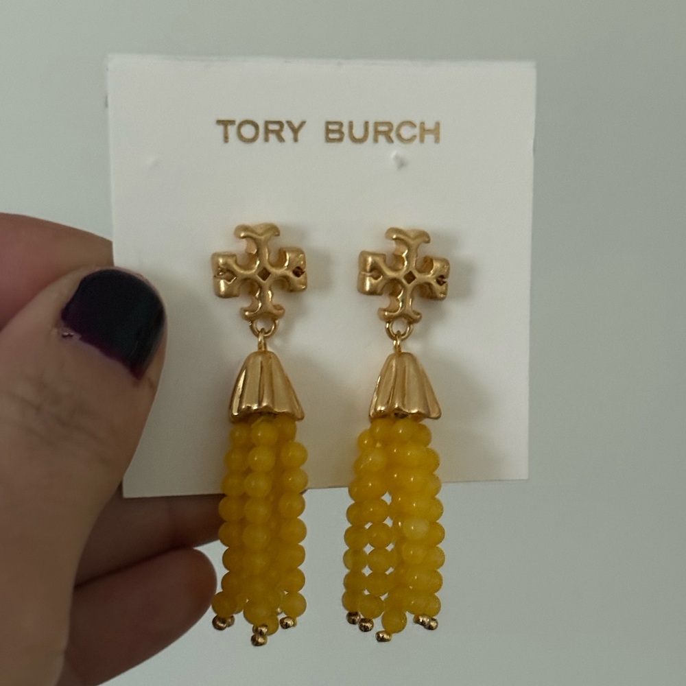 NWT Tory Burch Gold and Yellow Beaded dangle Earrings - Picture 3 of 4